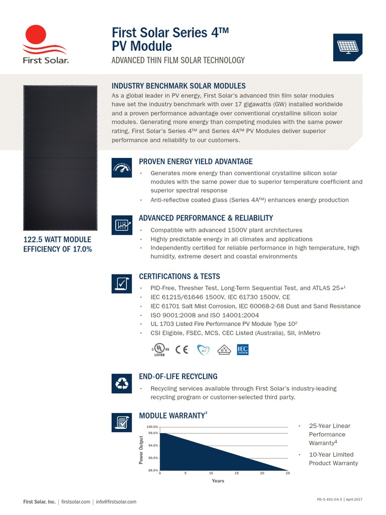 Series 4 Module Datasheet - V3 103116 | PDF | Thin Film Solar Cell ...