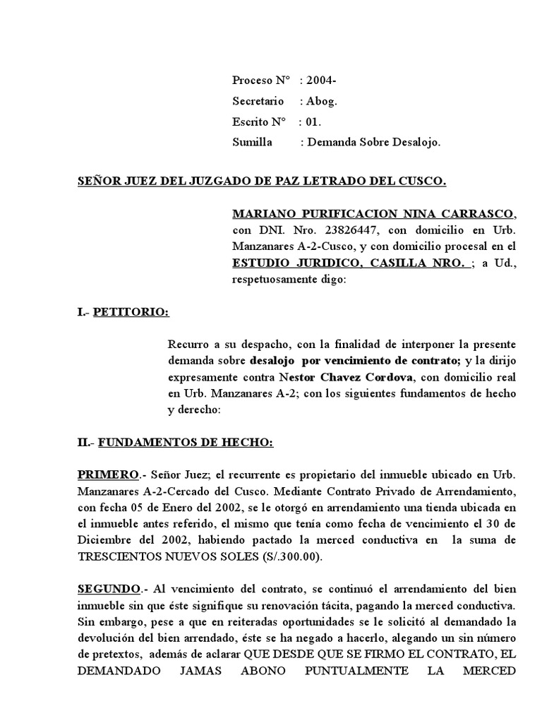 Demanda de Desalojo | PDF | Demanda judicial | Alquiler