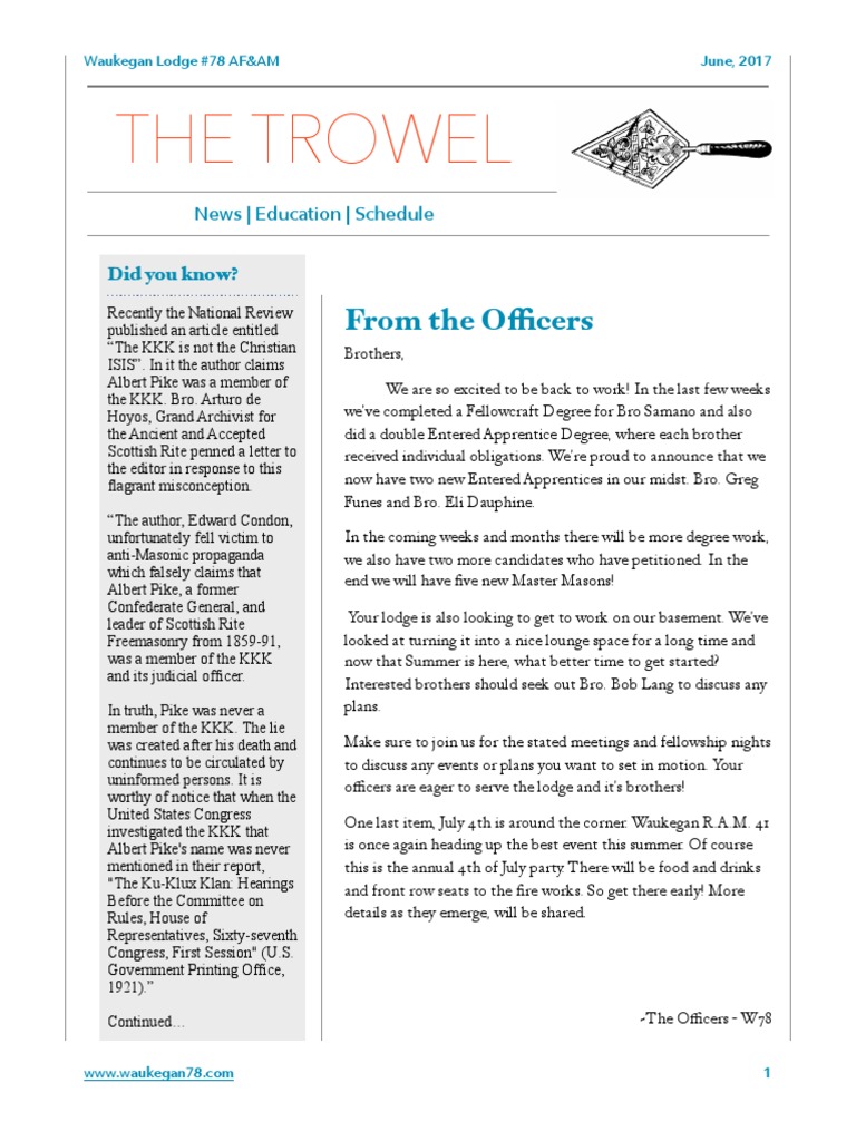 The Trowel June 2017 PDF Freemasonry Masonic Lodge
