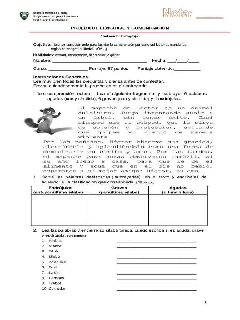 Prueba de Lengua 5to Grado: Ortografía y Más | PDF | Palabra | Adverbio