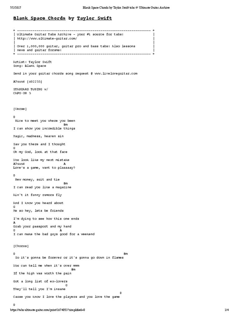 Blank Space Chords By Taylor Swift Pdf