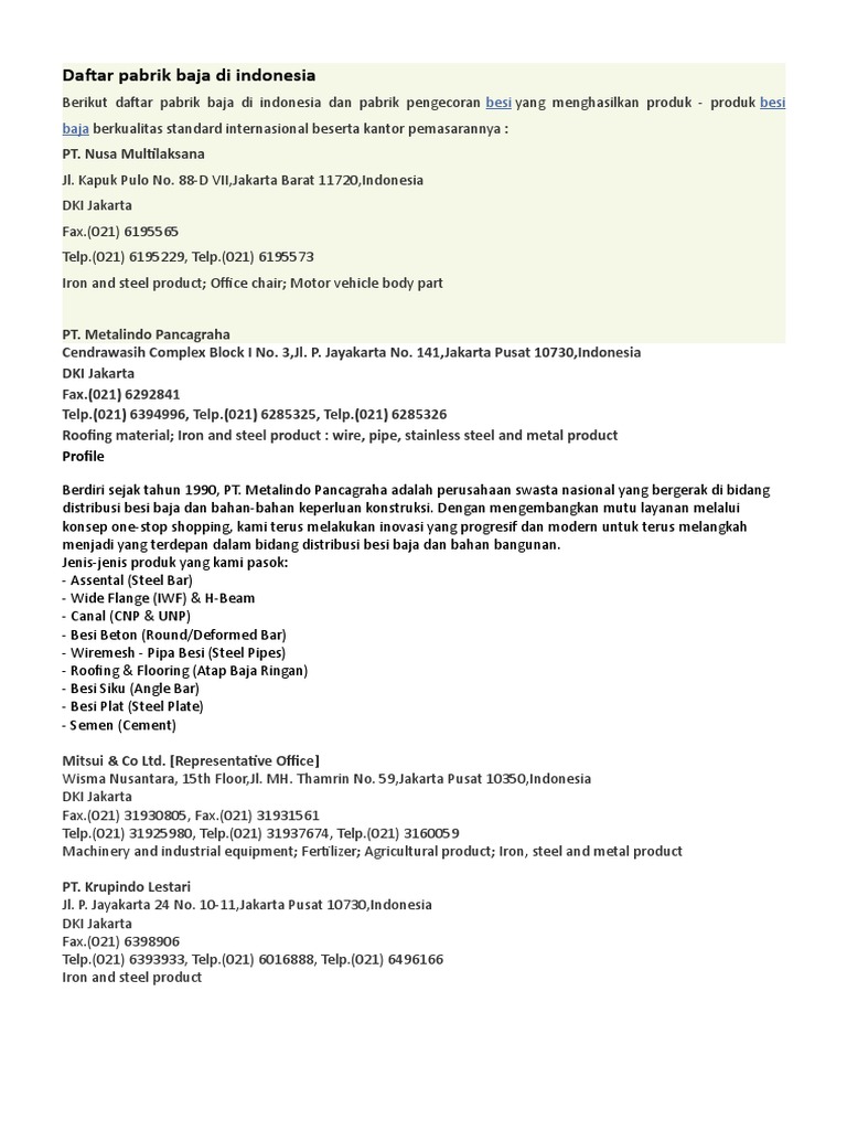 Daftar Baja Daftar Pabrik Baja Di Indonesia