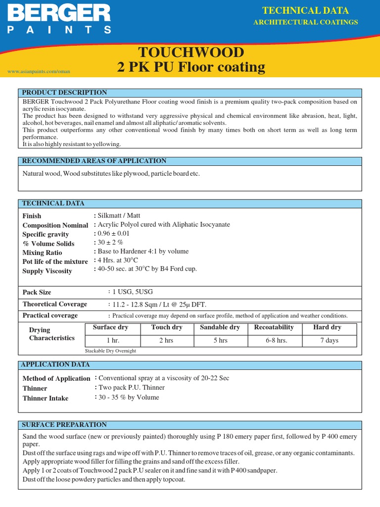 Touchwood 2 Pk Pu Floor Coating Paint Industrial Processes