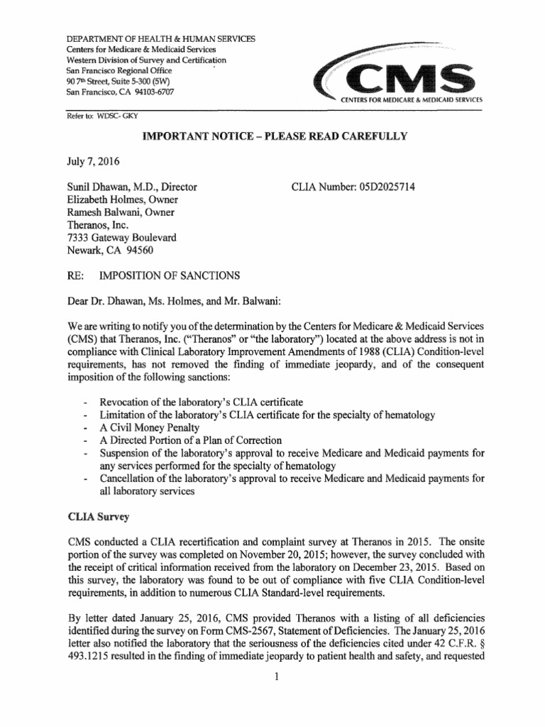 R Theranos Inc CMS 07-07-2016 Letter PDF | PDF | Educational Assessment ...