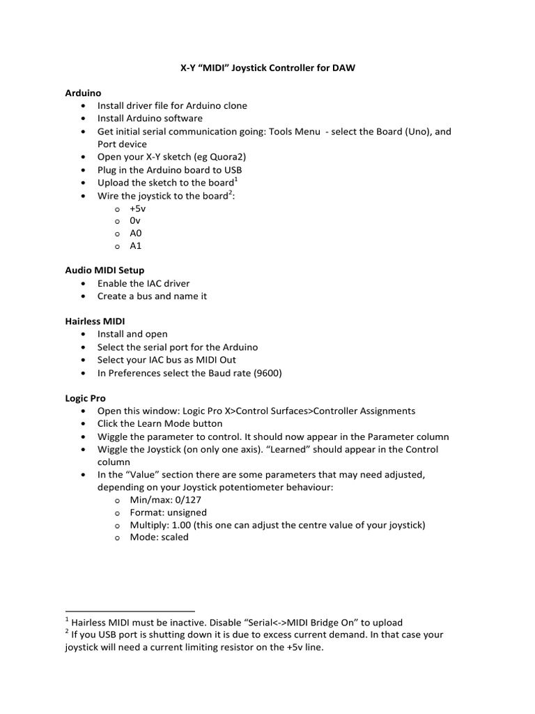 XY MIDI Joystick Controller PDF Arduino Bit