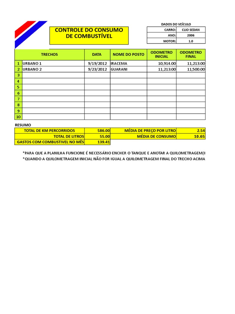 Planilha controle combustivel xlsx