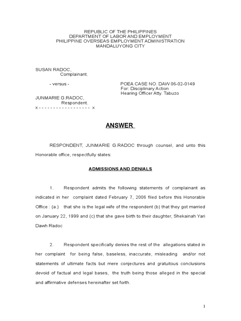Respondent's Answer and Denial of Allegations in a Complaint Filed by