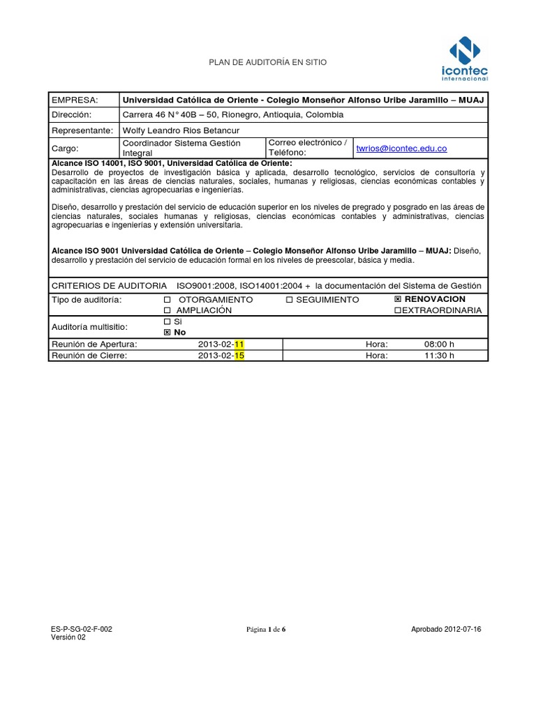 Plan de Auditoria UCO ISO 14001 Y 9001 REN 2013 PDF | PDF | Contralor ...