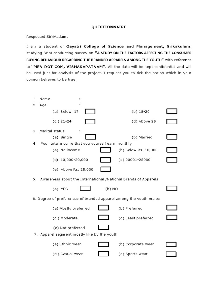 Questionnaire Clothing Design