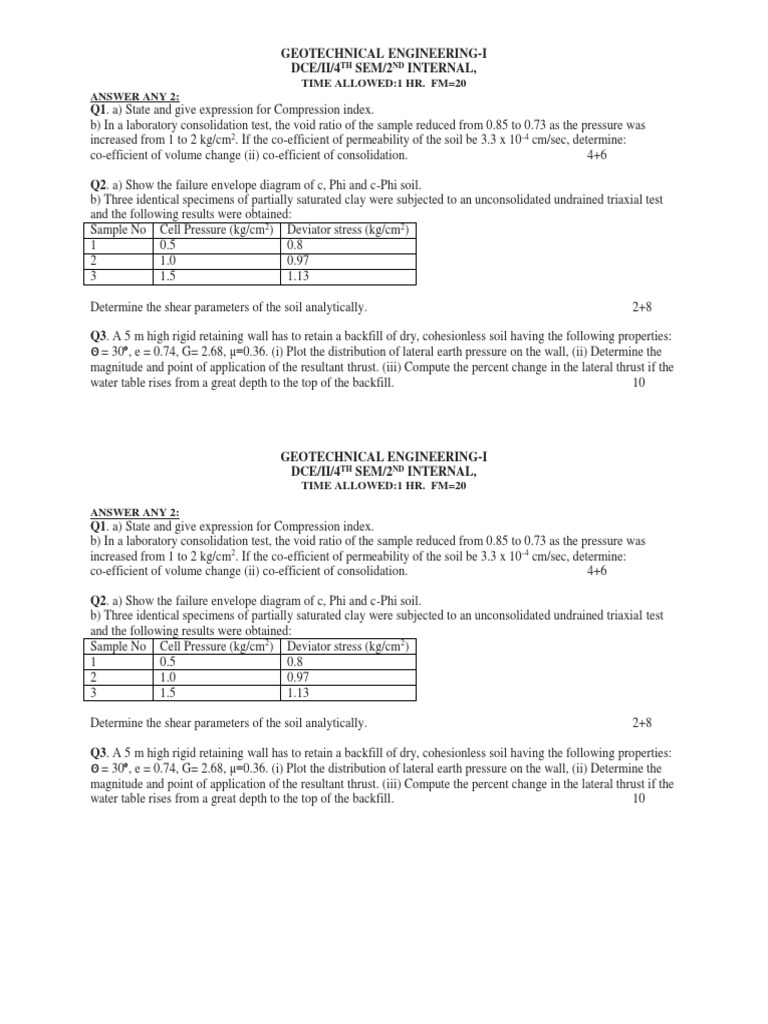 Geotechnical Engineering Exam Questions | PDF | Geotechnical ...