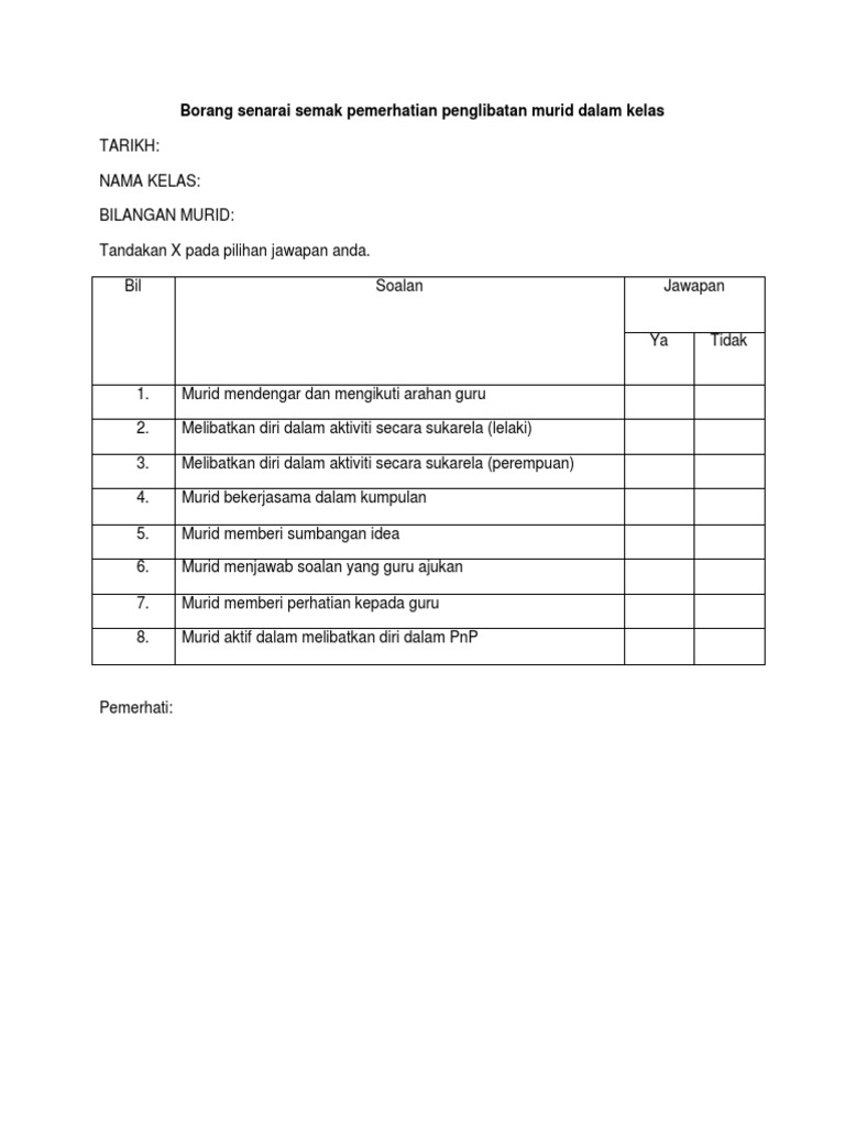 Borang Senarai Semak Pemerhatian Penglibatan Murid Dalam Kelas Pdf