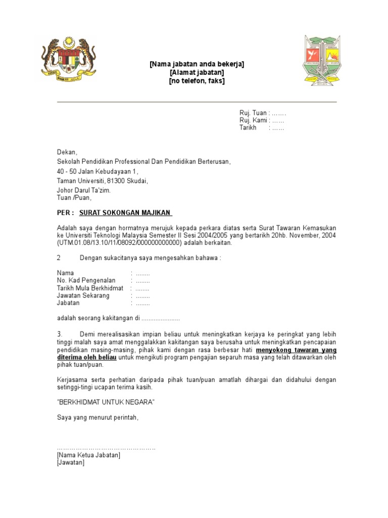 Contoh Surat Sokongan Majikan Untuk Sambung Belajar Pdf