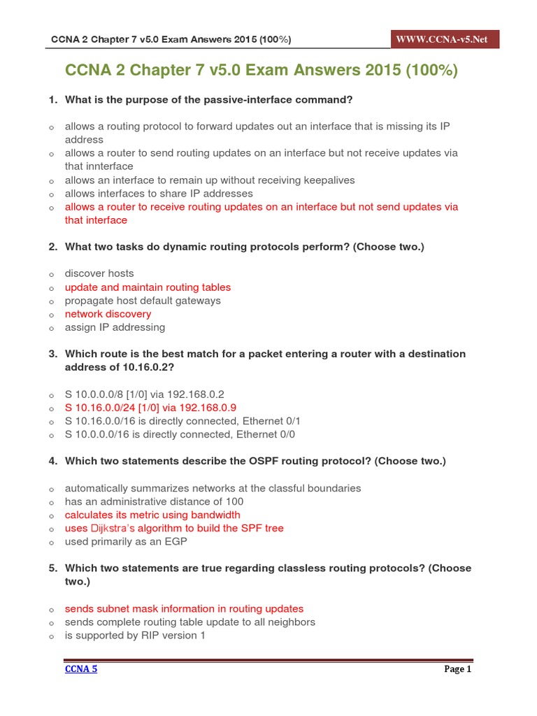 CCNA 2 Chapter 7 v5.0 Exam Answers 2015 100 | PDF | Routing | Router ...
