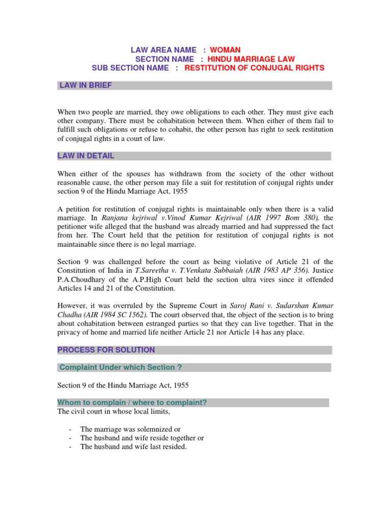 Restitution of Conjugal Rights | PDF | Husband | Marriage