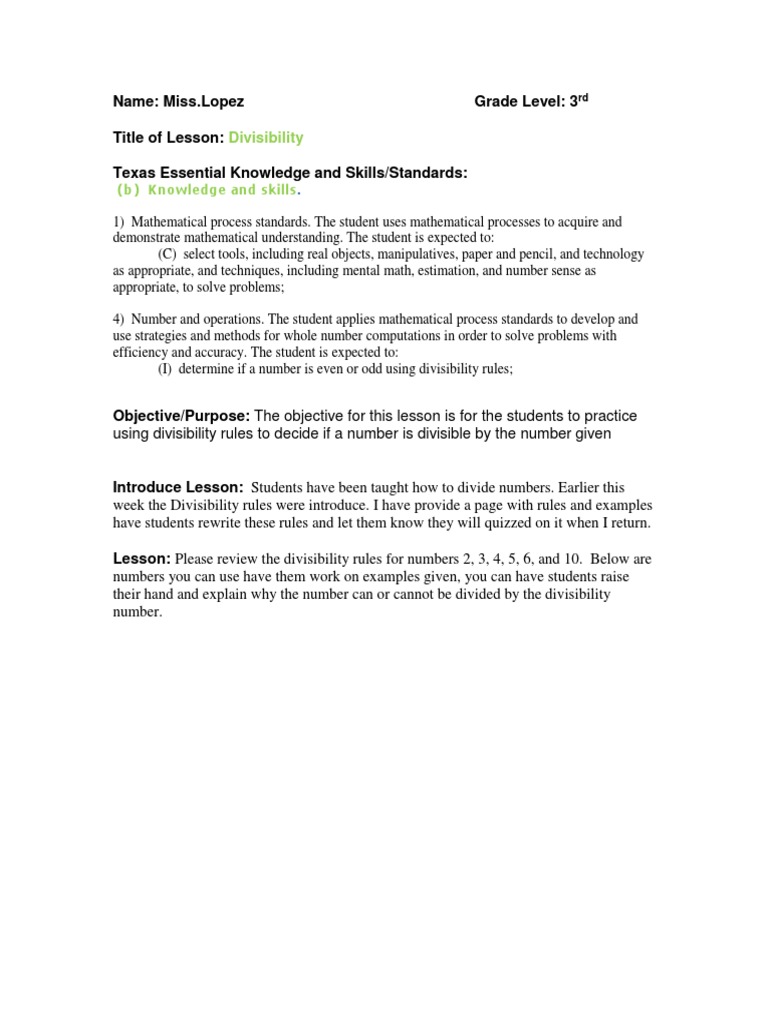 Divisibility Rules Lesson Plan for 3rd Grade | PDF