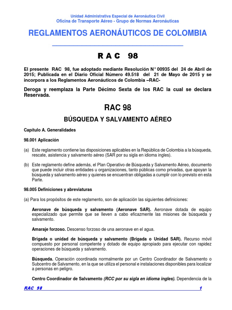 Reglamento SAR en Aviación Civil Colombiana | PDF | Búsqueda y rescate ...