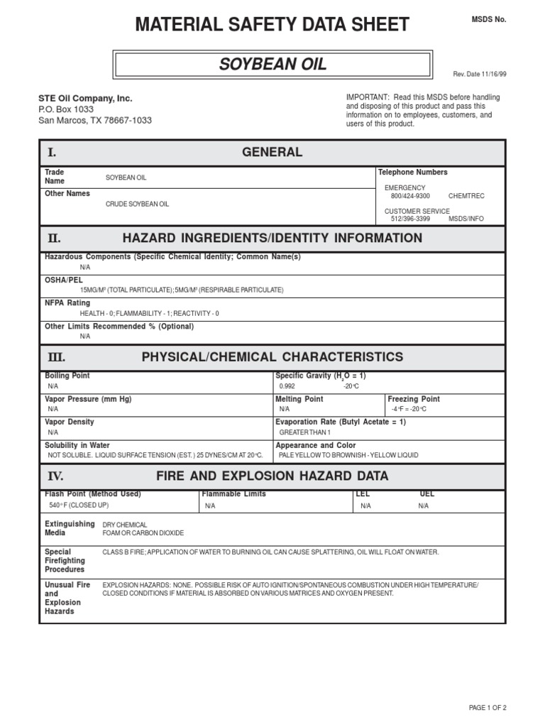 msdssoybeanoil Chemistry Materials Free 30day Trial Scribd