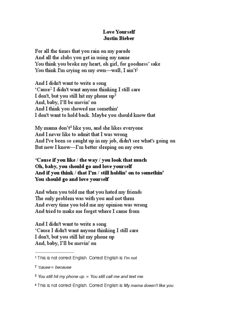 Love Yourself Lyrics Pdf Love Yourself Recorded Music