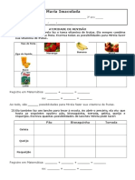 Atividade de revisão de matemática com lanches, frutas e cálculos