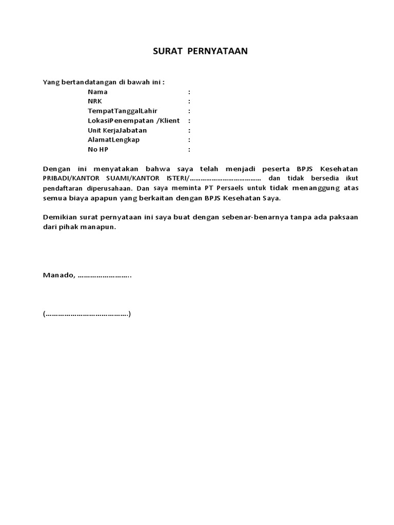 Draft Surat Pernyataan Tidak Ikut Bpjs Kesehatan Pdf