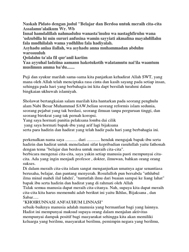Naskah Pidato Dengan Judul Belajardan Berdoa