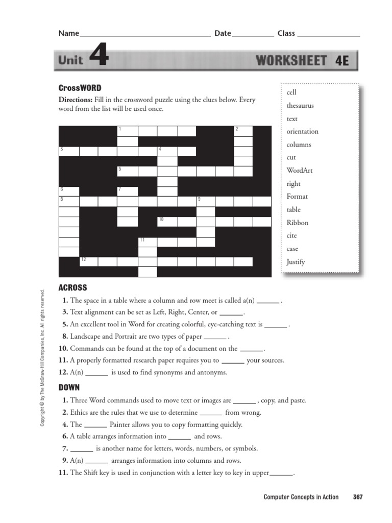 Worksheet 4E Crossword Computing And Information Technology