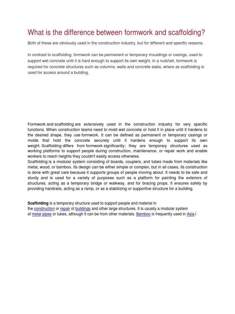 What Is The Difference Between Formwork and Scaffolding PDF