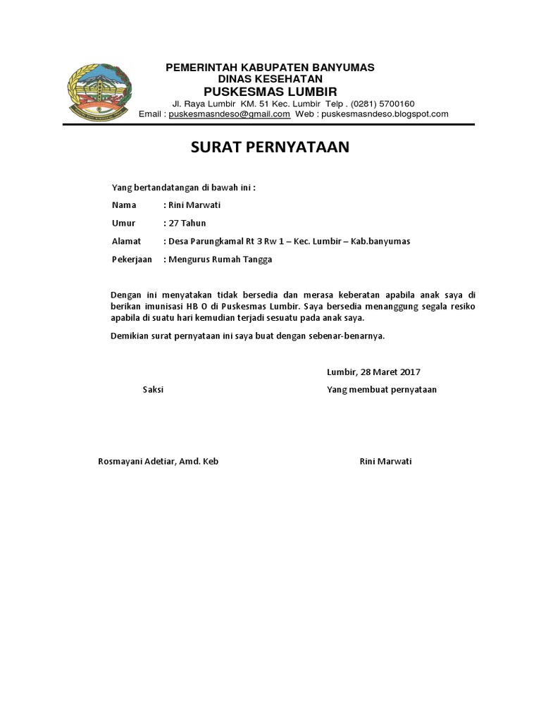 Surat Pernyataan Penolakan Imunisasi | PDF