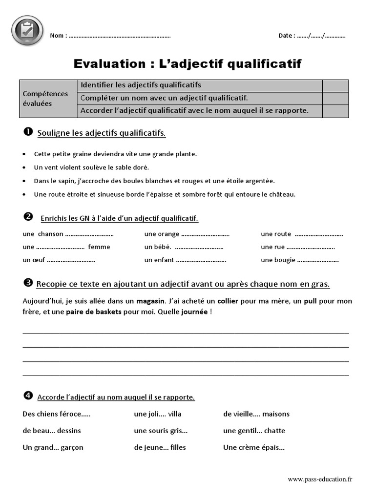 évaluation Groupe Nominal 6ème Avec Correction Adjectif Qualificatif Ce2 Evaluation Avec La Correction | PDF