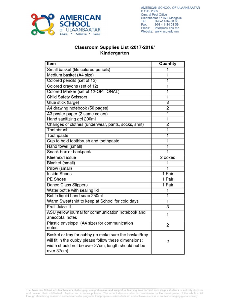 Kindergarten Classroom Supplies List 20172018 PDF Schools