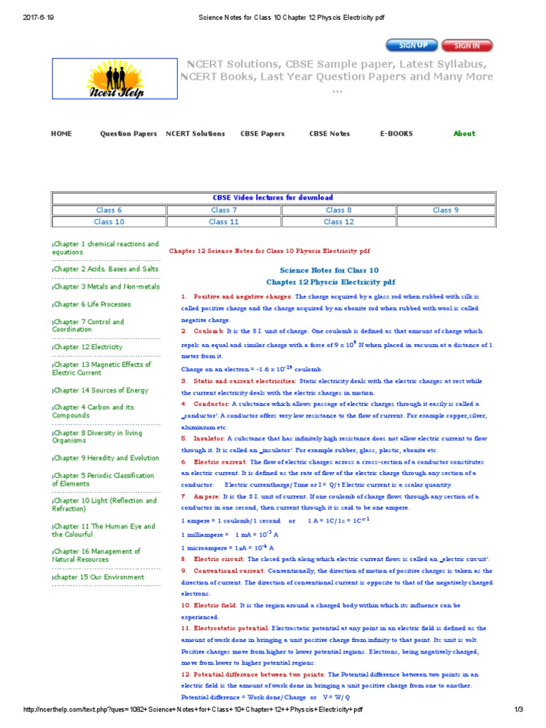 Science Notes For Class 10 Chapter 12 Physcis Electricity PDF | PDF ...
