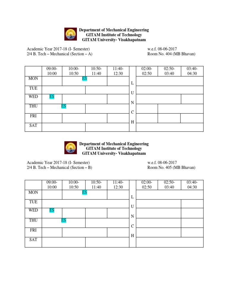 Timetable for 2/4 B. Tech Mechanical Students at GITAM University for
