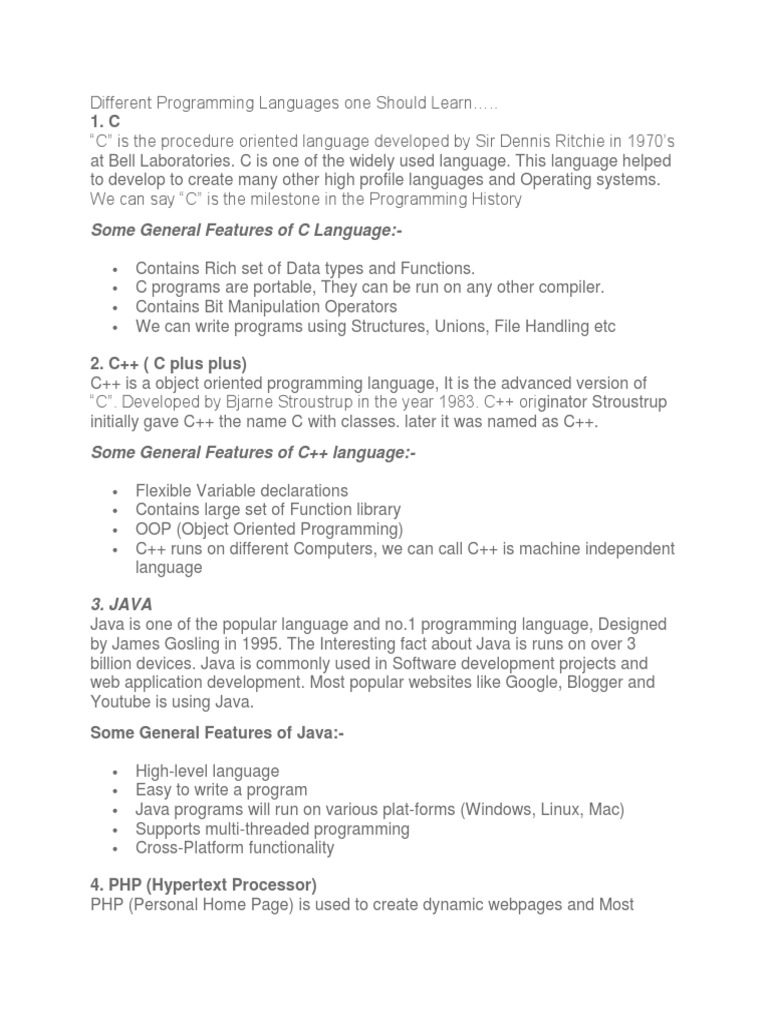 Different Programming Languages One Should Learn | PDF | C++ | Java Script