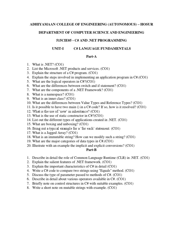 C#&.Net Programming Question Bank | PDF | C Sharp (Programming Language
