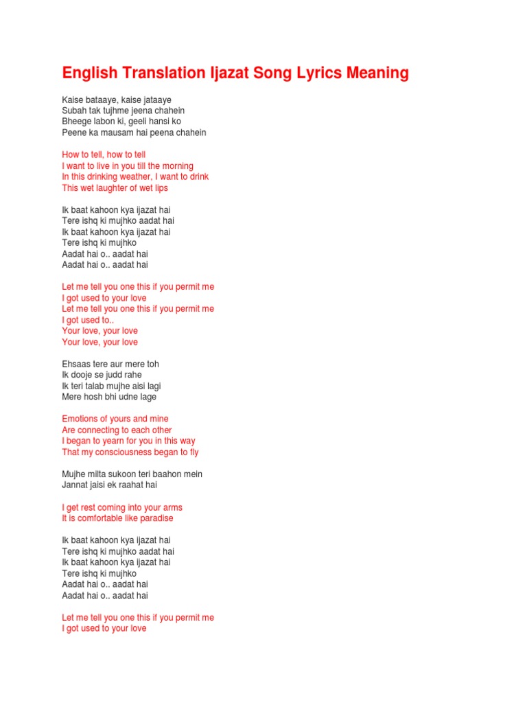 English Translation Ijazat Song Lyrics Meaning