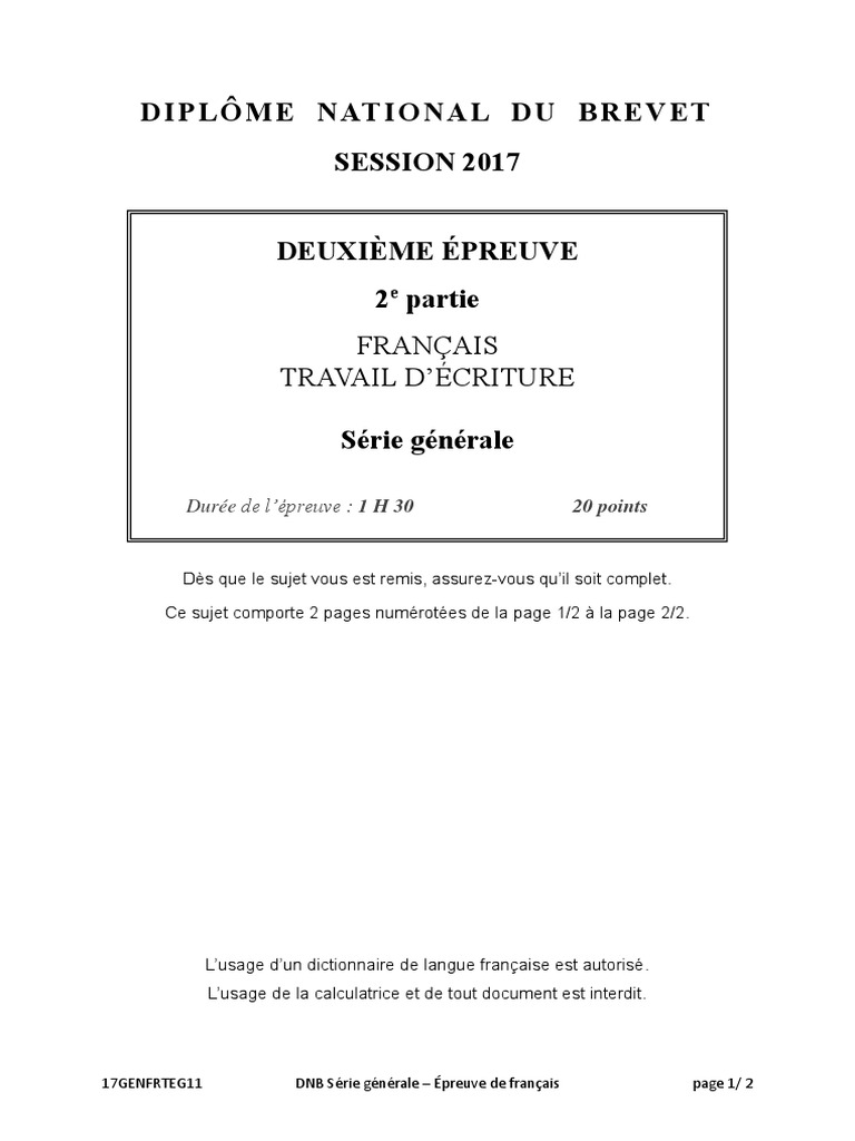 Sujet D invention Exemple Corrigé Brevet Brevet Liban 2017 Francais Sujet Travail Ecriture | PDF