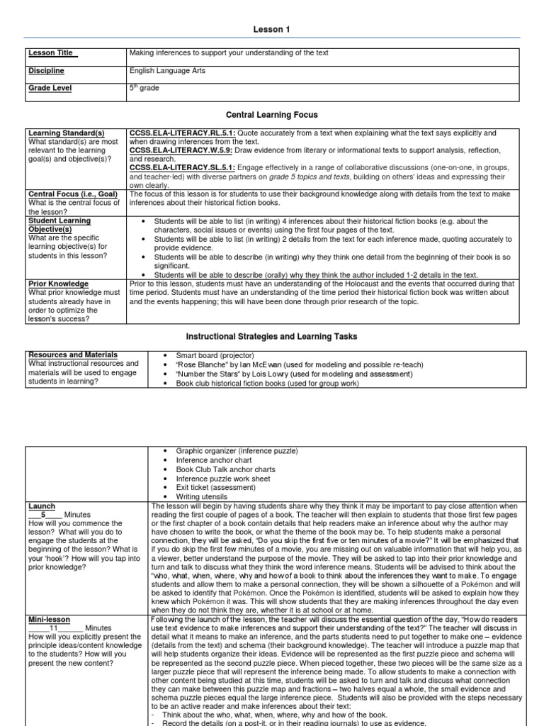 Ela 5th grade lesson plan 1 inference educational assessment