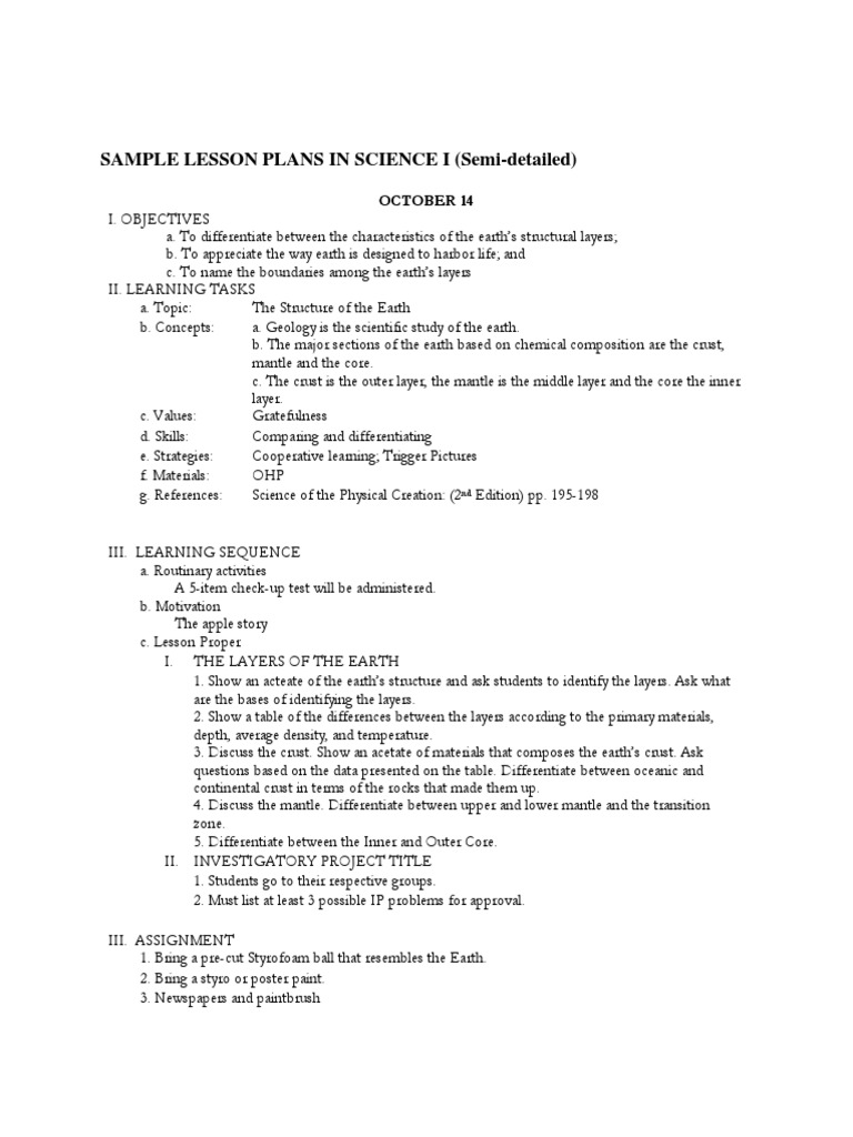 Sample Lesson Plans in Science I | PDF