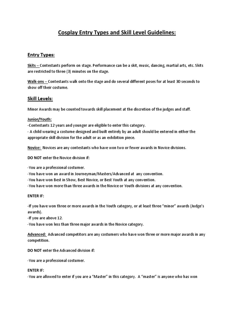 Cosplay Skill Level Guidelines