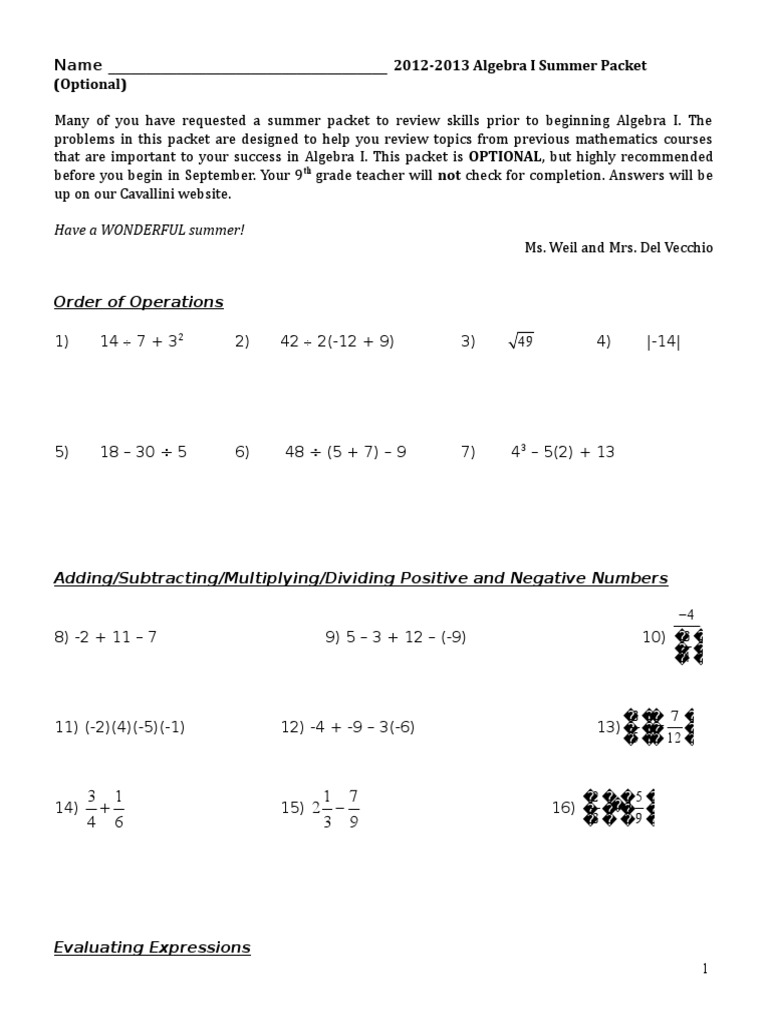 Algebra 1 Summer Packet | Numbers | Mathematical Concepts