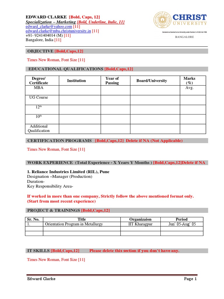 Resume Template (With Instructions) - 1 | PDF | Times New Roman ...