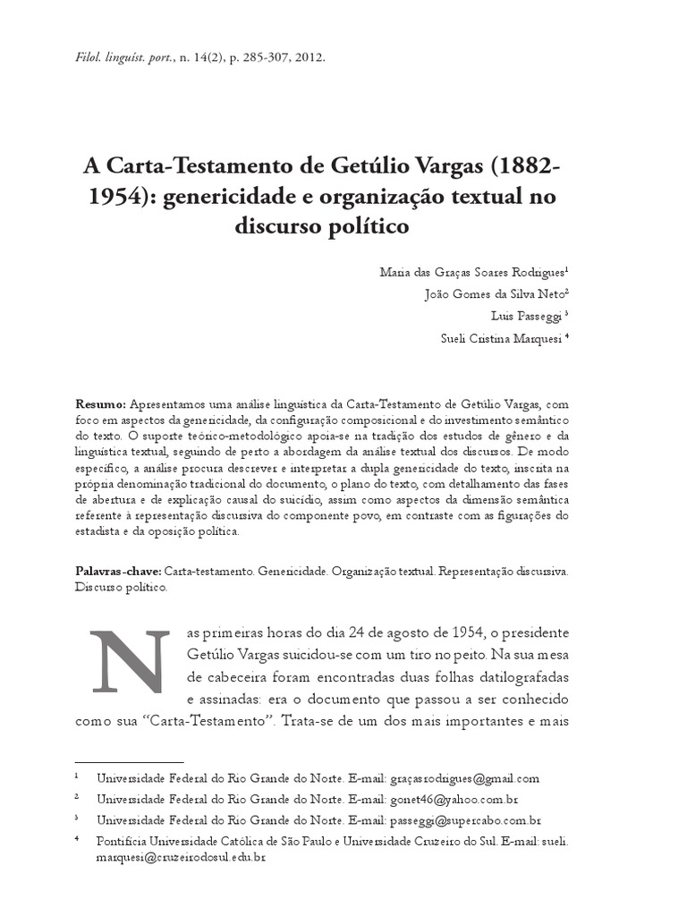 Carta Testamento de Getulio Vargas Genericidade e Organizacao Textual