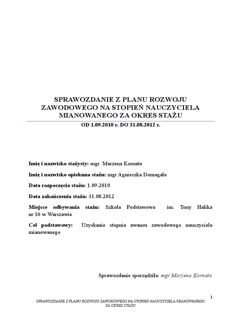 Plan Rozwoju Zawodowego Na Nauczyciela Mianowanego Pdf