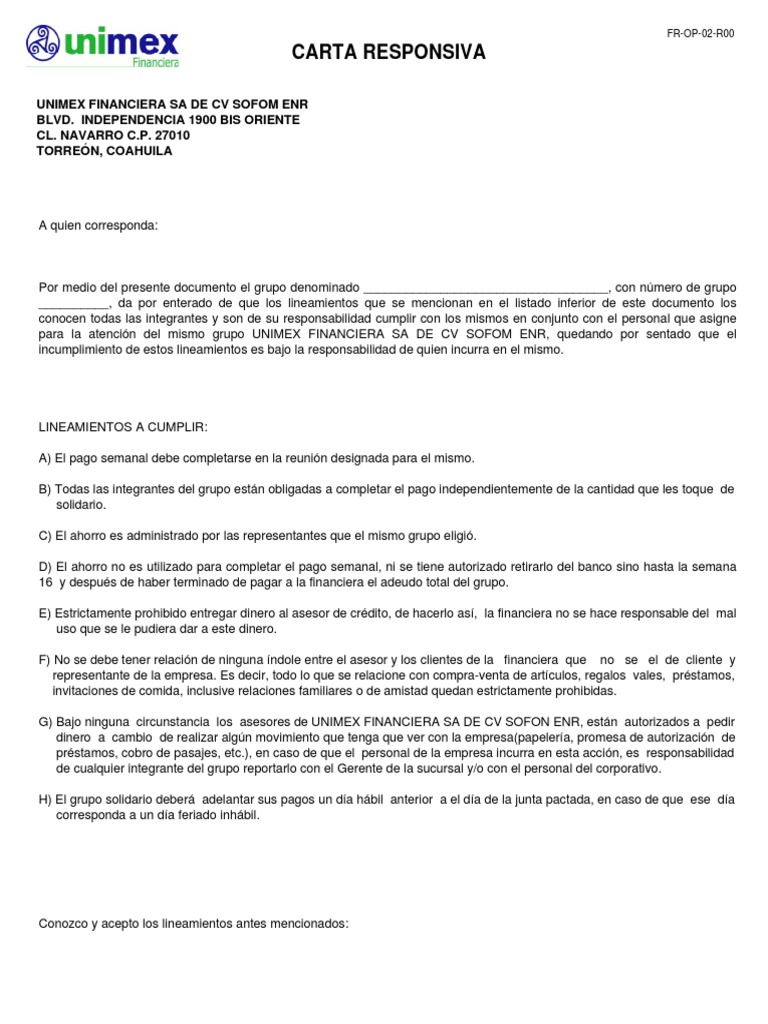 Carta Responsiva  Dinero  Pagos