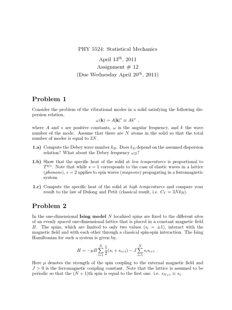Statistical Mechanics Problem Set 12 | PDF | Normal Mode | Condensed ...