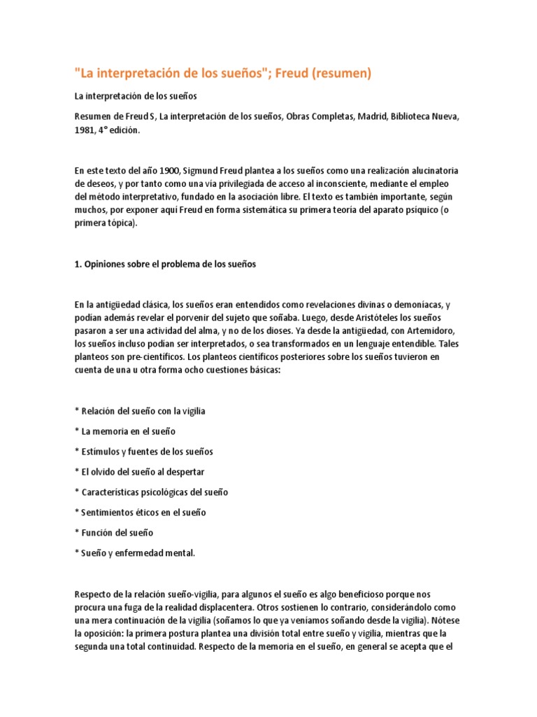 Freud Resumen La Interpretacion de Los Sueños PDF Sueño Mente inconsciente