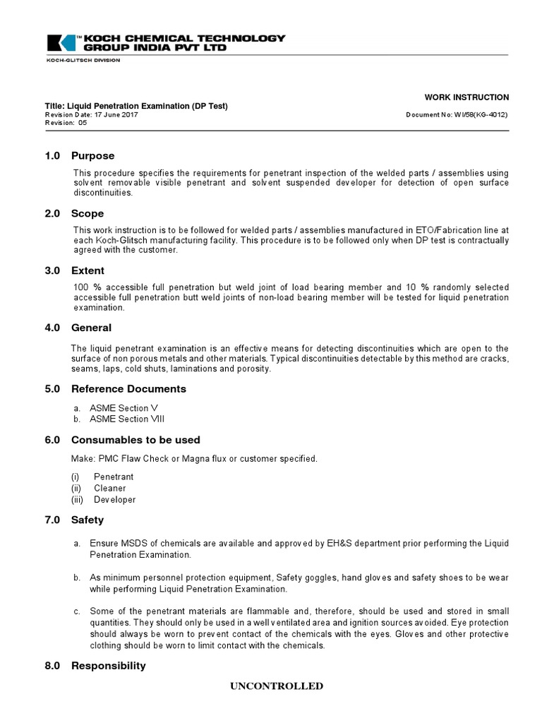 4012 WI58 DP Test Procedure Rev.0 PDF Welding Construction