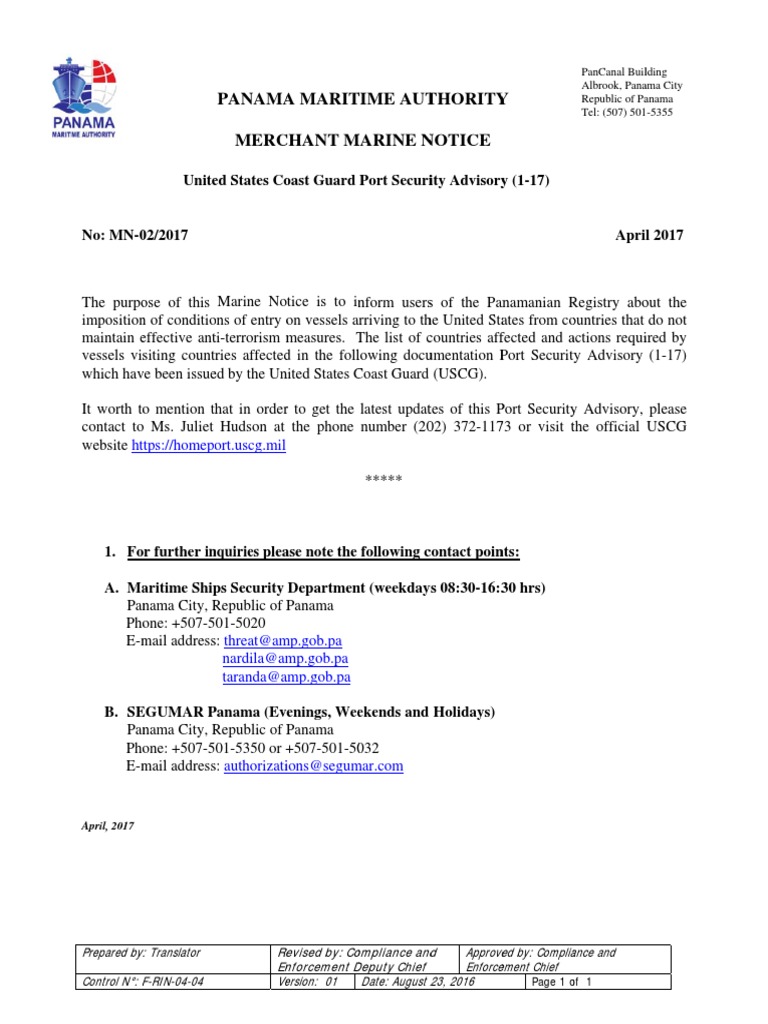USCG Port Security Advisory 1-17 | PDF | National Security | Water ...
