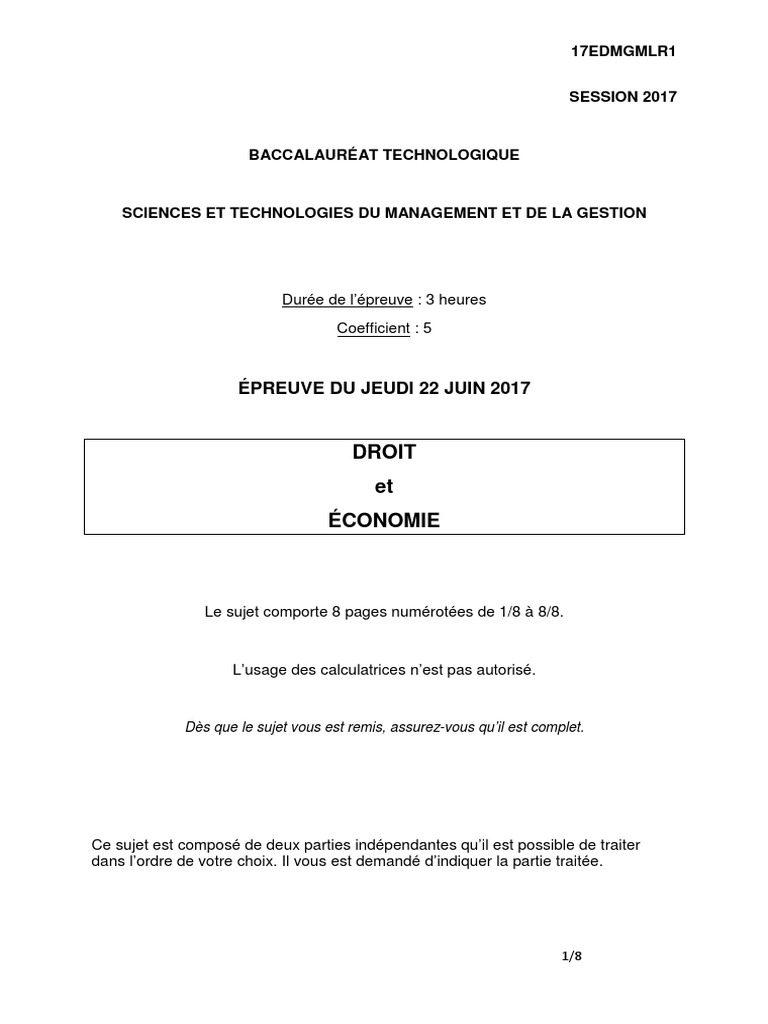 Sujet De Rattrapage Eco Droit Bac Stmg 2017