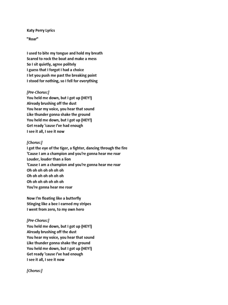 Katy Perry - Roar Lyrics | PDF | American Pop Songs | Songs